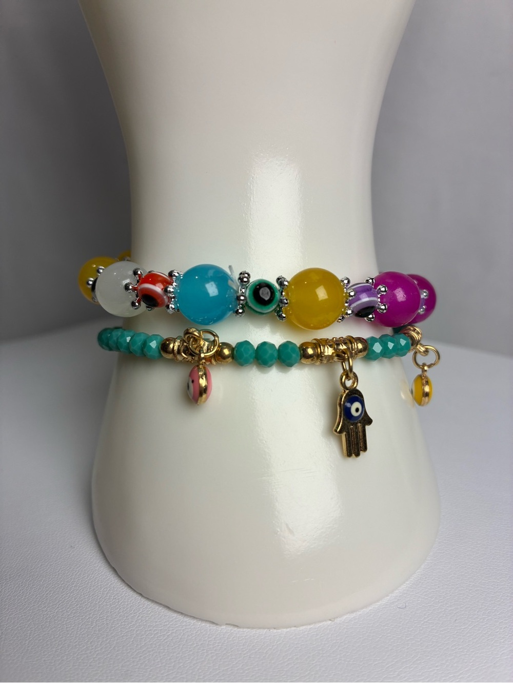 Glass Evil Eye Beaded Hamsa Charm Bracelet Set-Turquoise, Yellow, Fuchsia, Aqua